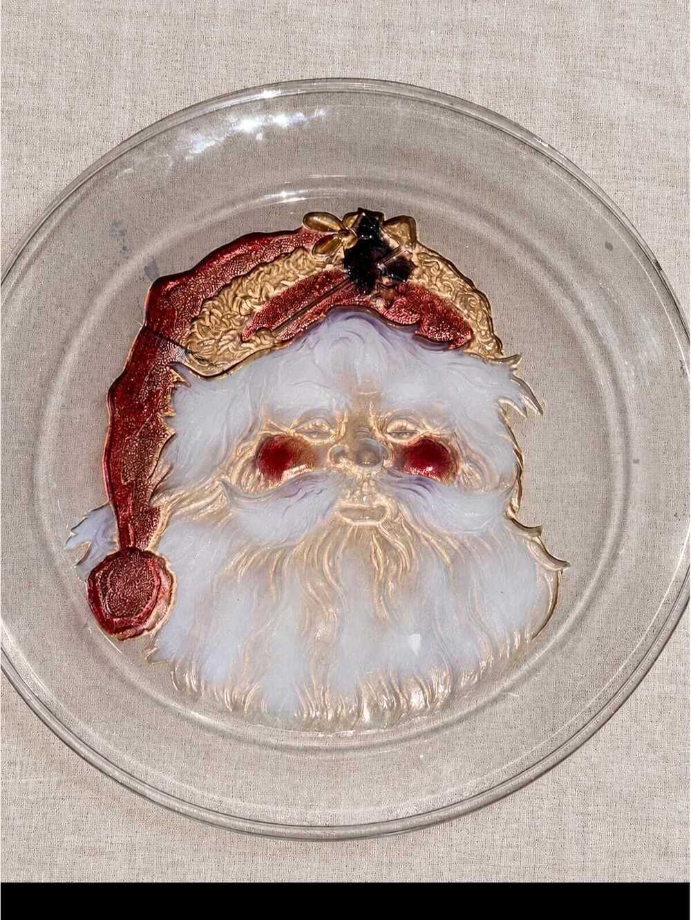 Vintage Crystal Clear Studios Santa Glass Platter 13.5" Frosted Embossed Plate